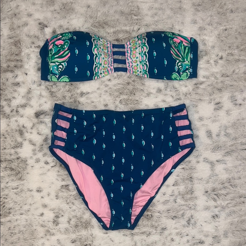 Lilly Pulitzer Navy Blue Pink Green Strapless Bikini TOP ONLY